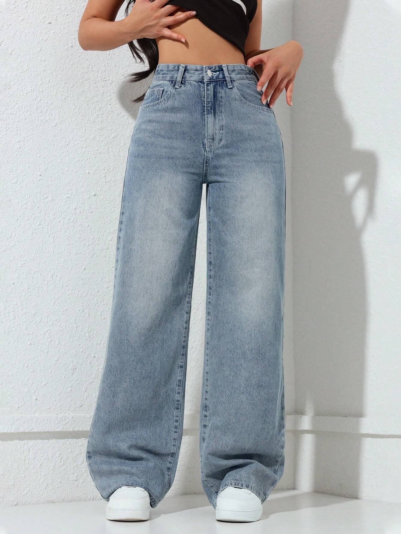 Washed Wide-Leg Jeans with Slanted Pockets Baggy Jeans