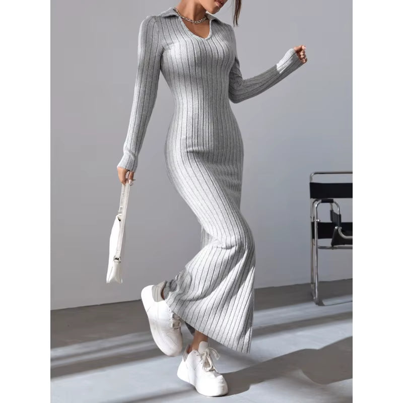 2024 New Women's Sexy Knitted V-Neck Split Dress – Autumn/Winter Long Sleeve Elastic Body Sweater with Reverse Collar