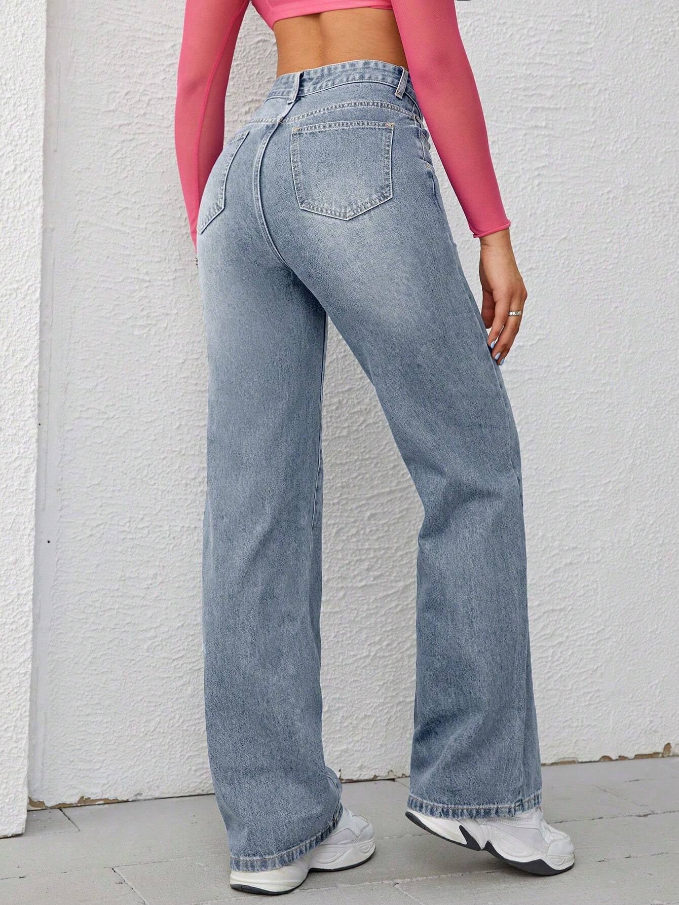 Washed Wide-Leg Jeans with Slanted Pockets Baggy Jeans