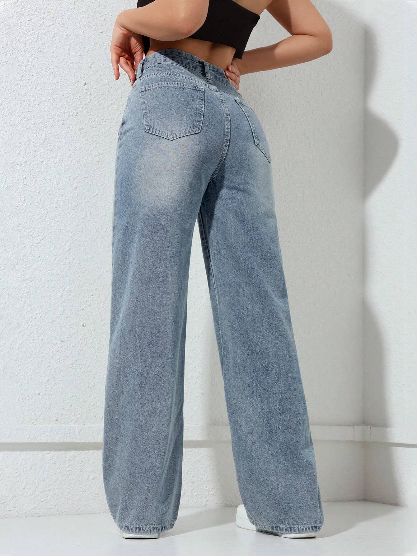 Washed Wide-Leg Jeans with Slanted Pockets Baggy Jeans