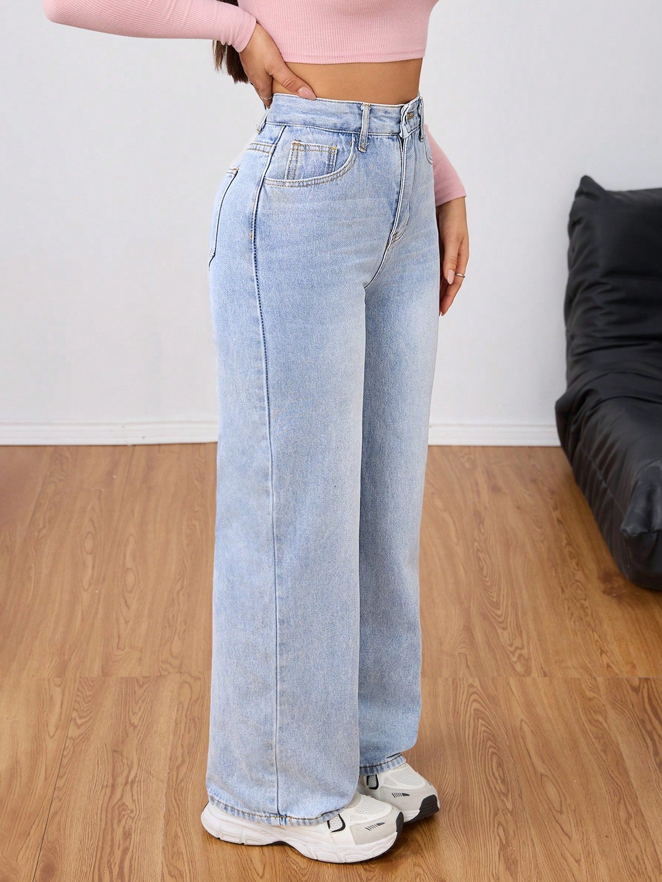 Washed Wide-Leg Jeans with Slanted Pockets Baggy Jeans