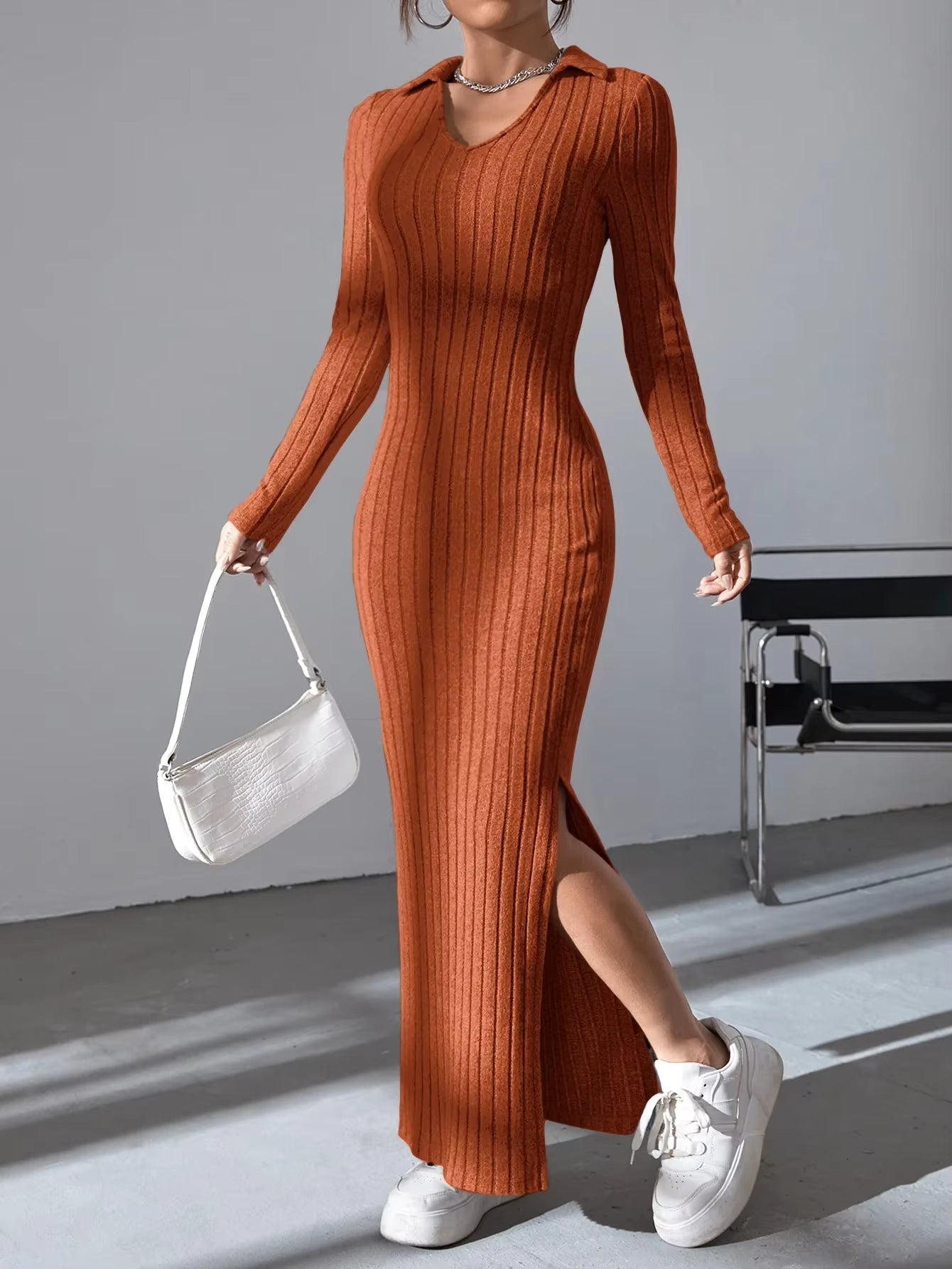 2024 New Women's Sexy Knitted V-Neck Split Dress – Autumn/Winter Long Sleeve Elastic Body Sweater with Reverse Collar