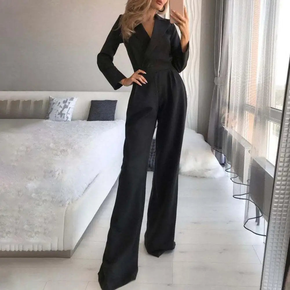 Elegant Straight Leg High-Waist Jumpsuit for Women – Autumn/Winter Office Lady Long Sleeve Jumpsuit, Perfect for Weddings