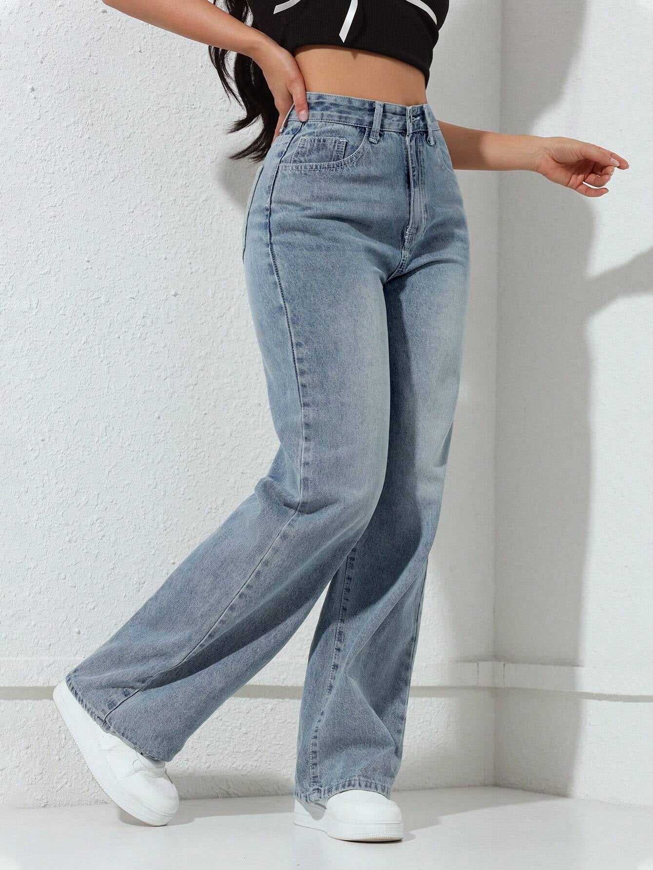 Washed Wide-Leg Jeans with Slanted Pockets Baggy Jeans