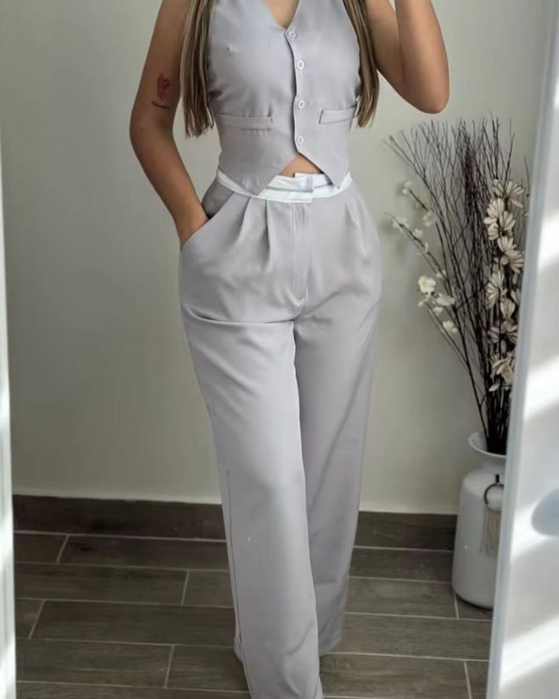 New Women’s 2024 Summer Two-Piece Set – Sexy and Elegant V-Neck Twist Button Tank Top with Pocket Design Pants