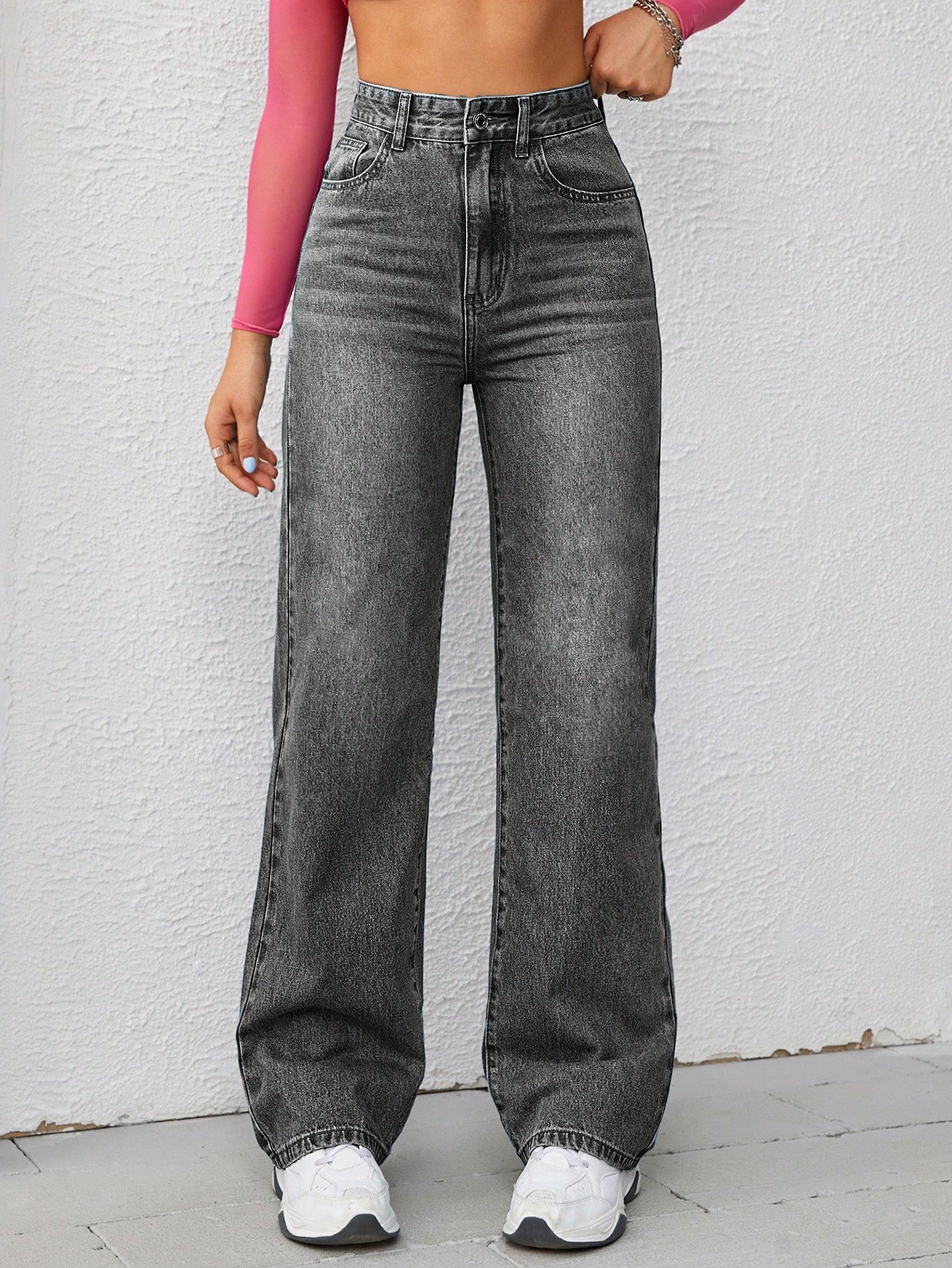 Washed Wide-Leg Jeans with Slanted Pockets Baggy Jeans