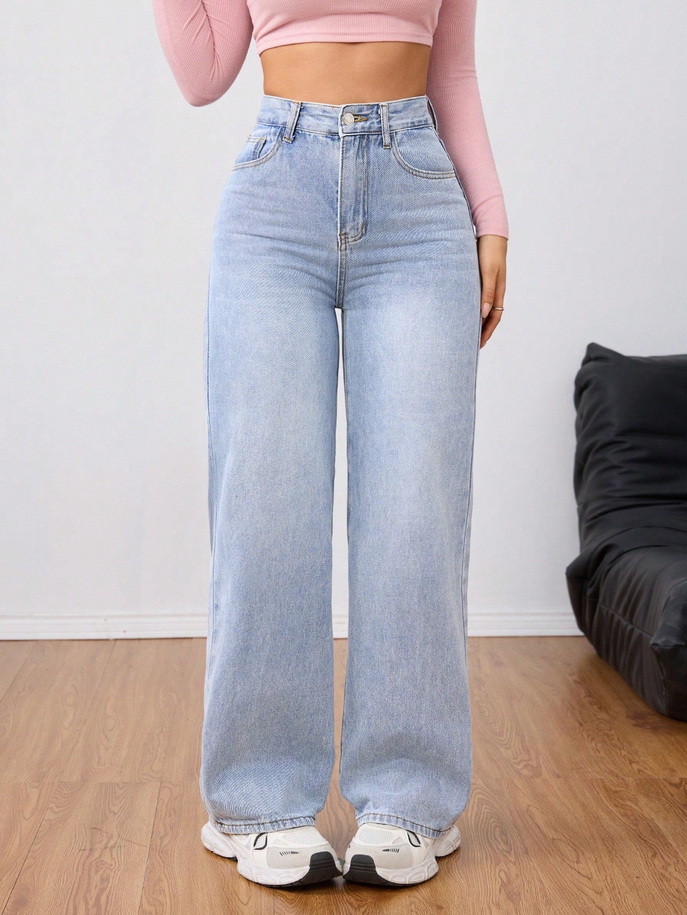 Washed Wide-Leg Jeans with Slanted Pockets Baggy Jeans