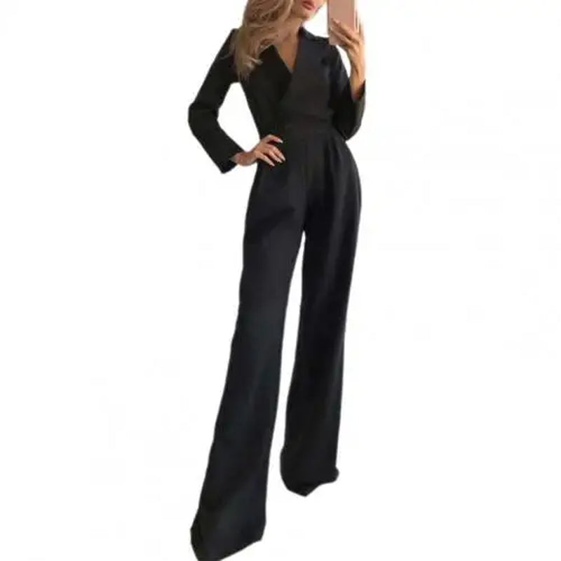 Elegant Straight Leg High-Waist Jumpsuit for Women – Autumn/Winter Office Lady Long Sleeve Jumpsuit, Perfect for Weddings