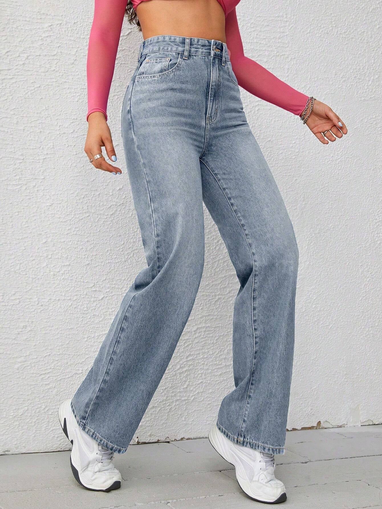 Washed Wide-Leg Jeans with Slanted Pockets Baggy Jeans