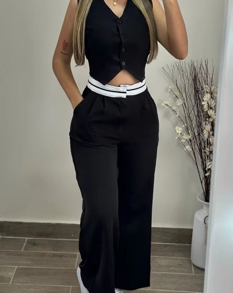 New Women’s 2024 Summer Two-Piece Set – Sexy and Elegant V-Neck Twist Button Tank Top with Pocket Design Pants