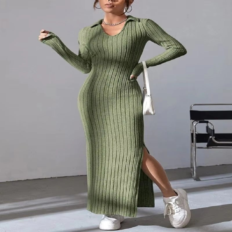 2024 New Women's Sexy Knitted V-Neck Split Dress – Autumn/Winter Long Sleeve Elastic Body Sweater with Reverse Collar