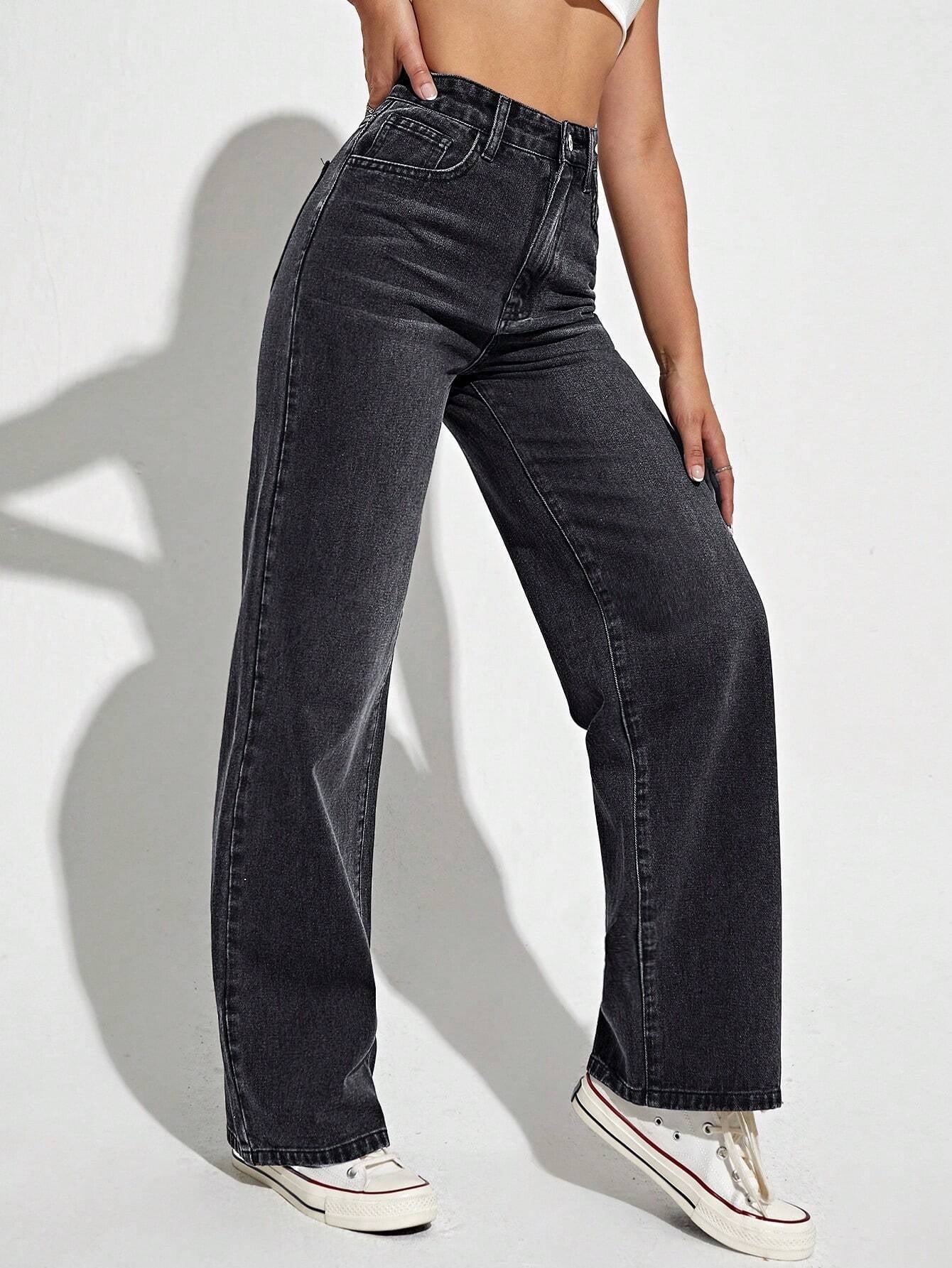 Washed Wide-Leg Jeans with Slanted Pockets Baggy Jeans