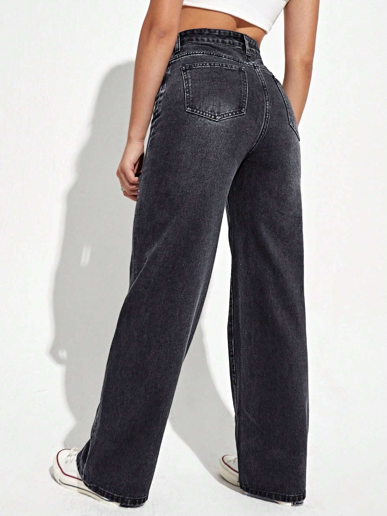 Washed Wide-Leg Jeans with Slanted Pockets Baggy Jeans