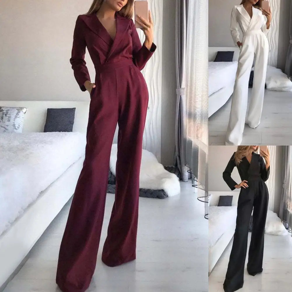 Elegant Straight Leg High-Waist Jumpsuit for Women – Autumn/Winter Office Lady Long Sleeve Jumpsuit, Perfect for Weddings