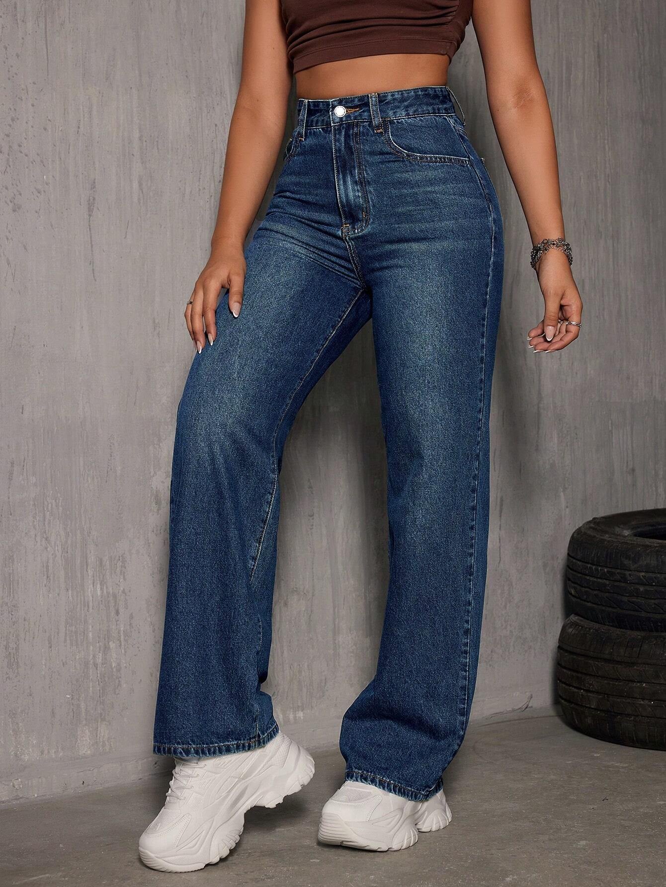 Washed Wide-Leg Jeans with Slanted Pockets Baggy Jeans