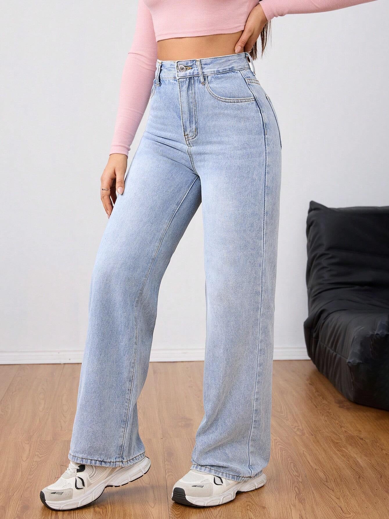 Washed Wide-Leg Jeans with Slanted Pockets Baggy Jeans