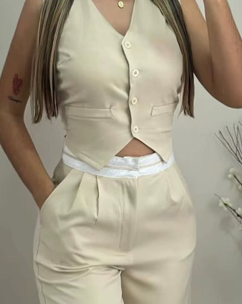 New Women’s 2024 Summer Two-Piece Set – Sexy and Elegant V-Neck Twist Button Tank Top with Pocket Design Pants