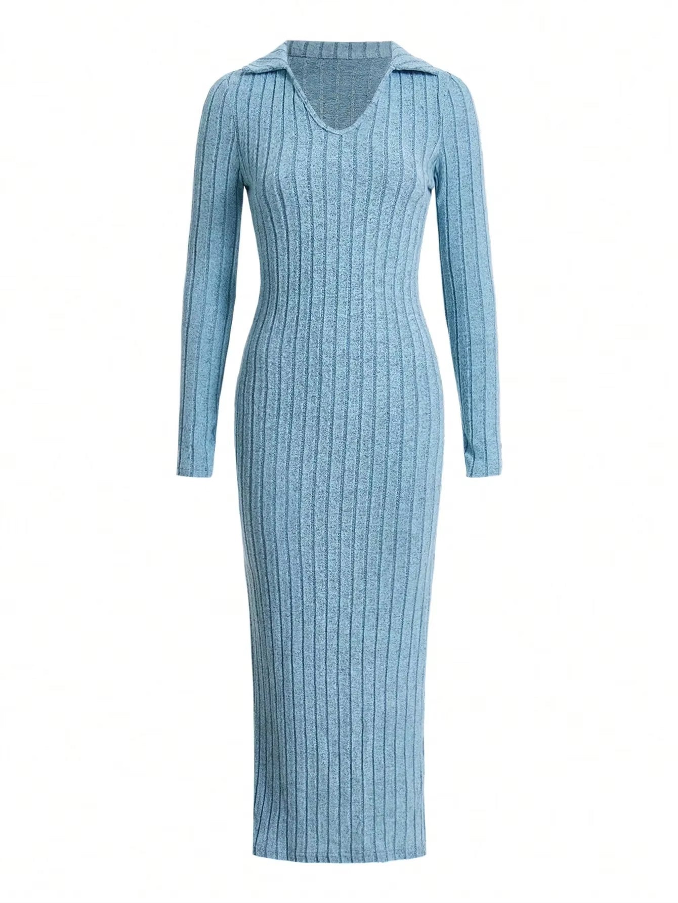 2024 New Women's Sexy Knitted V-Neck Split Dress – Autumn/Winter Long Sleeve Elastic Body Sweater with Reverse Collar