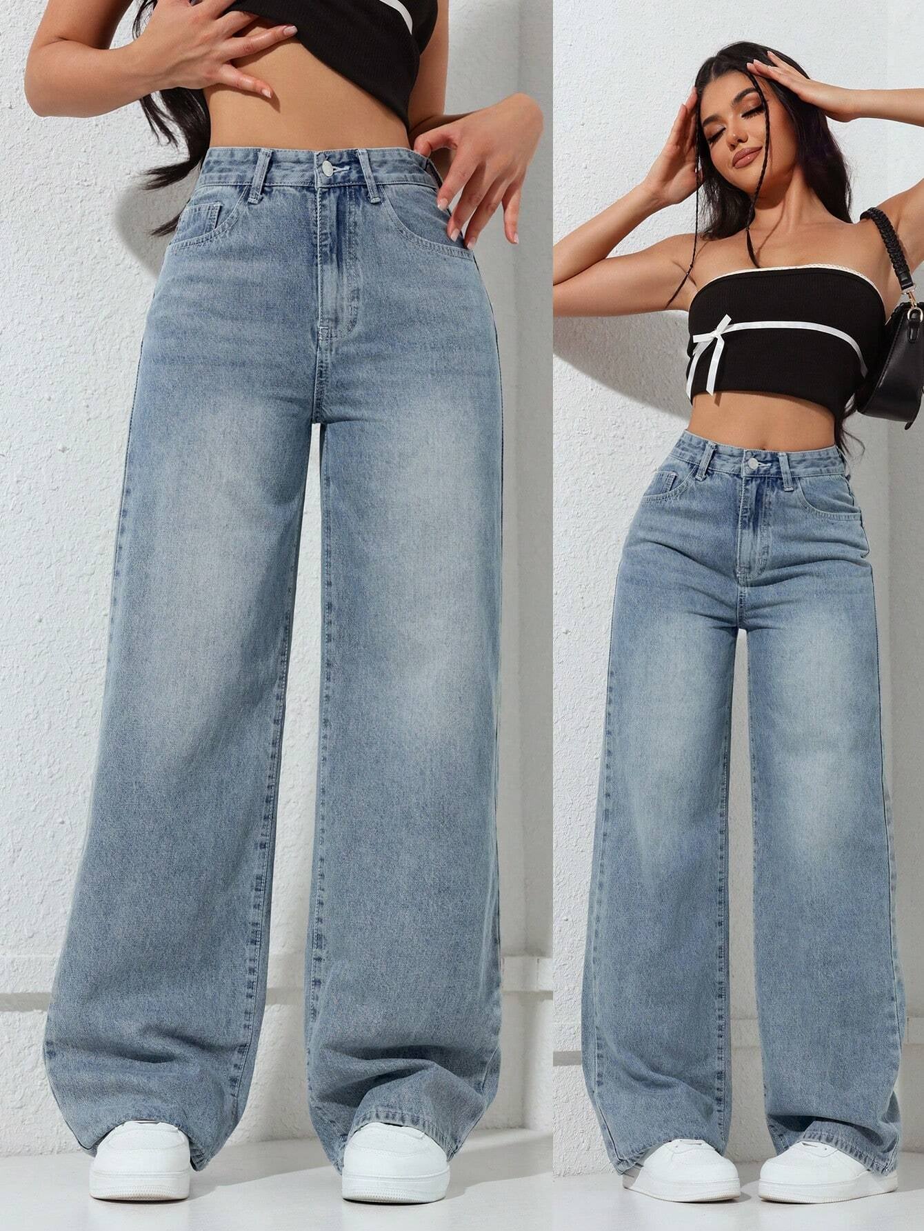 Washed Wide-Leg Jeans with Slanted Pockets Baggy Jeans