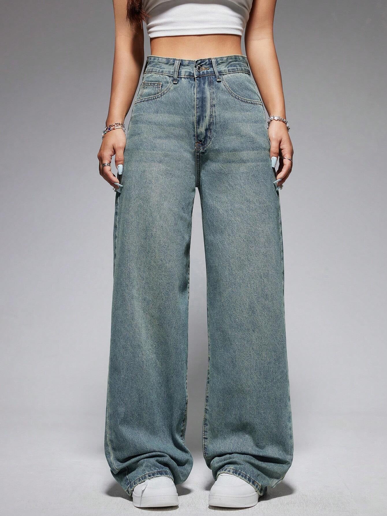 Washed Wide-Leg Jeans with Slanted Pockets Baggy Jeans