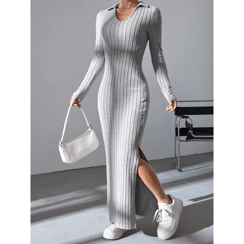 2024 New Women's Sexy Knitted V-Neck Split Dress – Autumn/Winter Long Sleeve Elastic Body Sweater with Reverse Collar