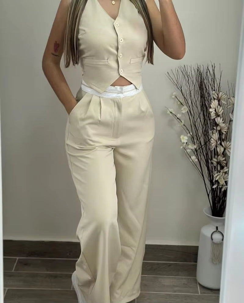 New Women’s 2024 Summer Two-Piece Set – Sexy and Elegant V-Neck Twist Button Tank Top with Pocket Design Pants