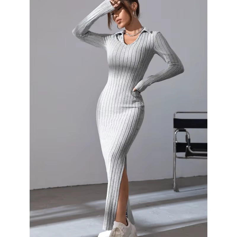 2024 New Women's Sexy Knitted V-Neck Split Dress – Autumn/Winter Long Sleeve Elastic Body Sweater with Reverse Collar