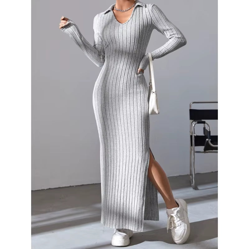 2024 New Women's Sexy Knitted V-Neck Split Dress – Autumn/Winter Long Sleeve Elastic Body Sweater with Reverse Collar