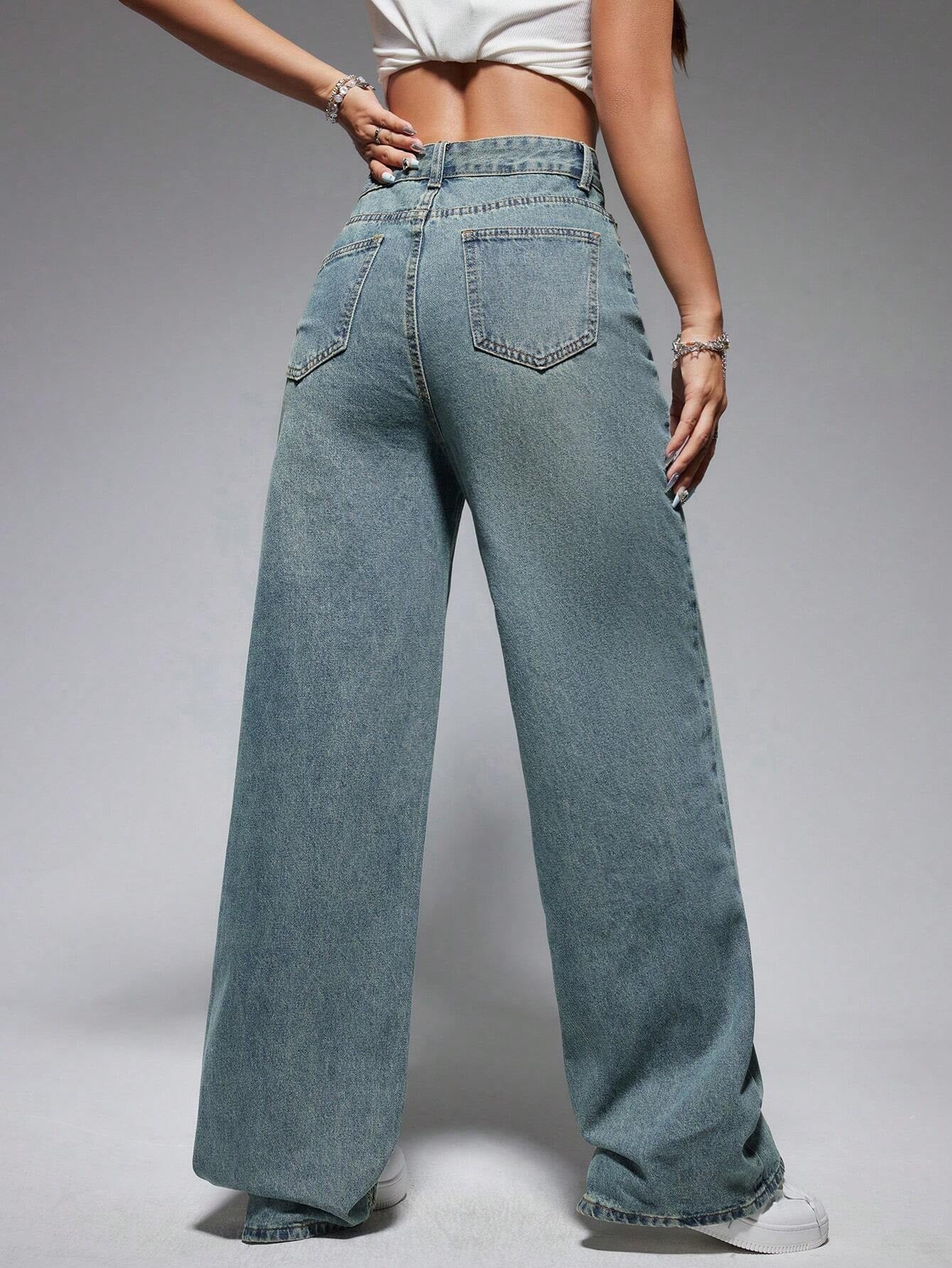 Washed Wide-Leg Jeans with Slanted Pockets Baggy Jeans