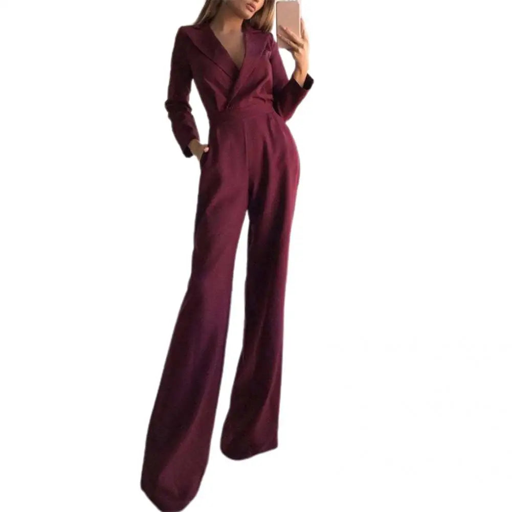 Elegant Straight Leg High-Waist Jumpsuit for Women – Autumn/Winter Office Lady Long Sleeve Jumpsuit, Perfect for Weddings