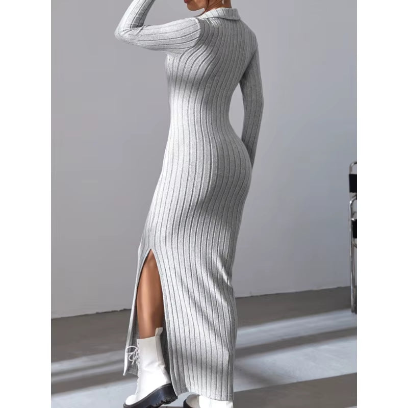 2024 New Women's Sexy Knitted V-Neck Split Dress – Autumn/Winter Long Sleeve Elastic Body Sweater with Reverse Collar